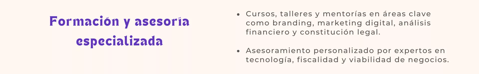 Cursos, talleres y mentorías en áreas clave como branding, marketing digital, análisis financiero y constitución legal. Asesoramiento personalizado por expertos en tecnología, fiscalidad y viabilidad de negocios.